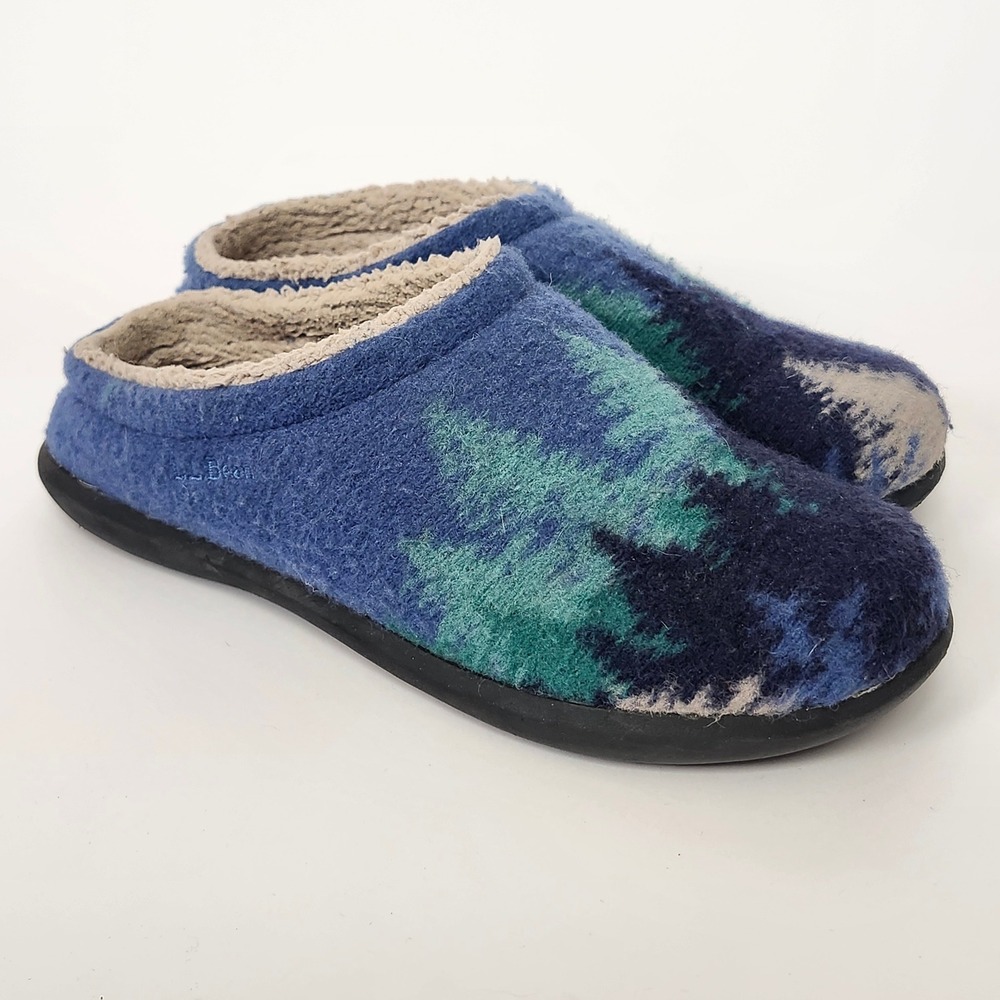 LL Bean Daybreak Scuffs Motif Wool Slippers Blue Pine Tree Forest Womens Size 10